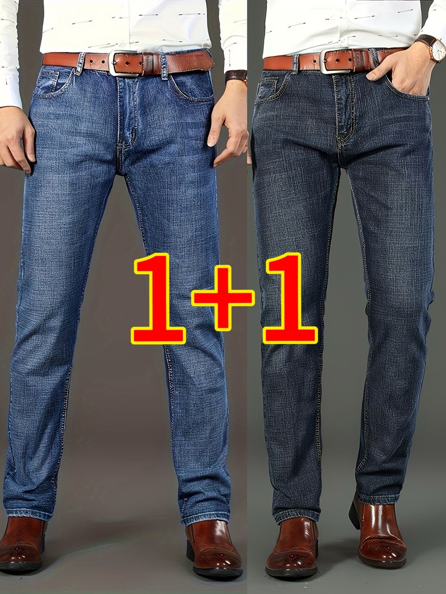 Men's classic semi-formal jeans in stretch denim, suitable for business or casual wear. Machine washable, dark blue color, regular fit with durable fabric.