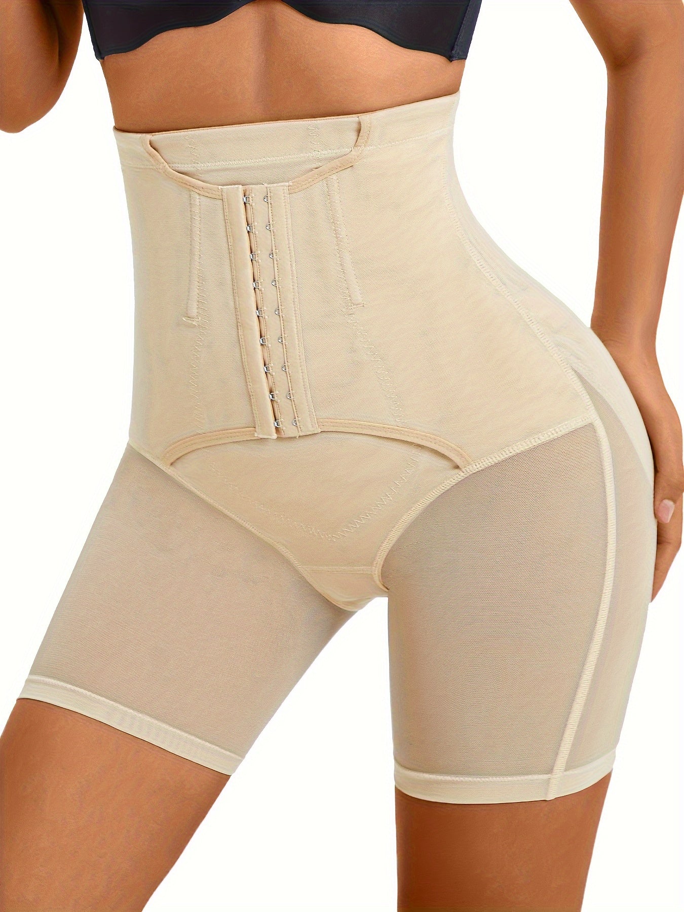 High-waisted mesh shorts with buckle for tummy control, women's shapewear