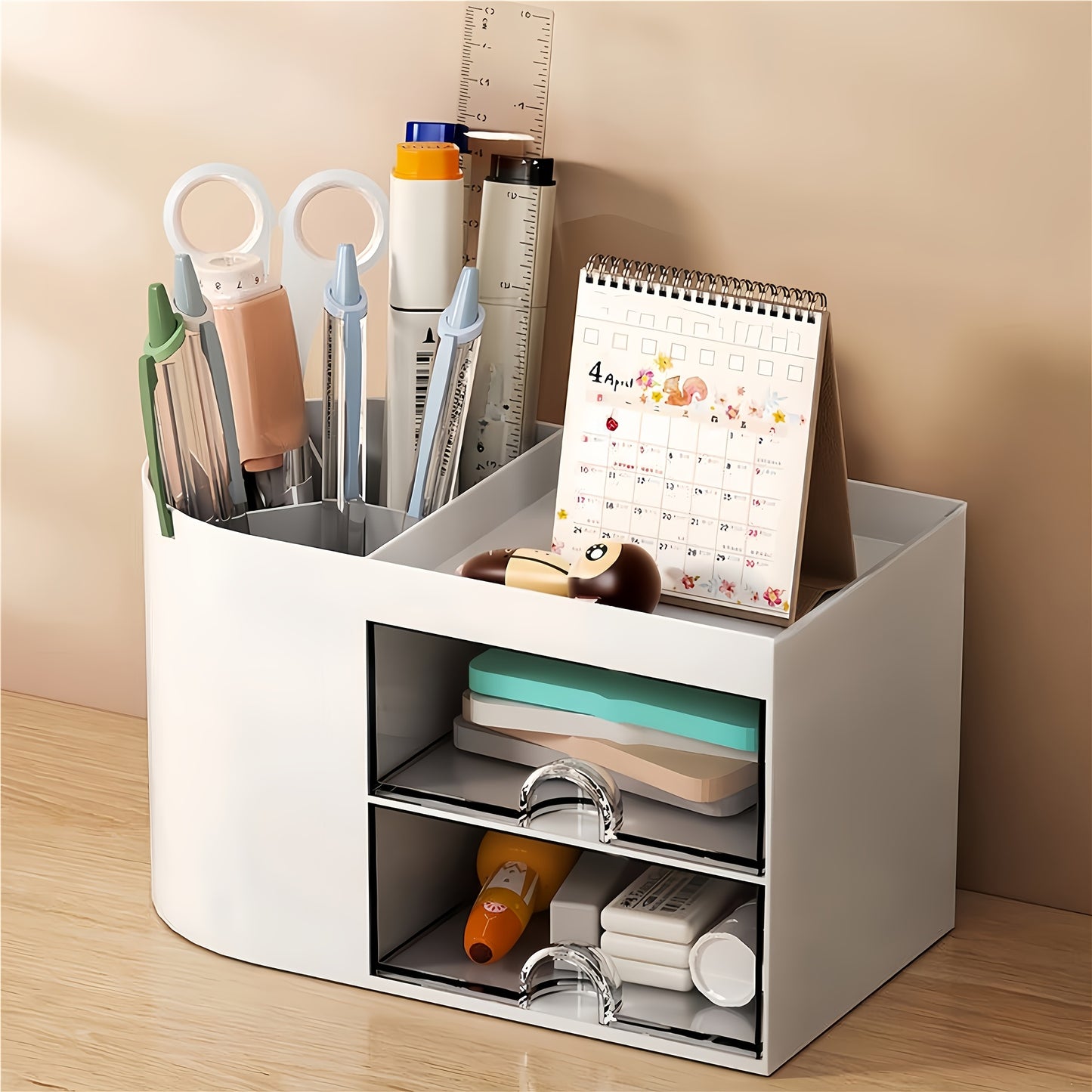 Desk organizer with dual drawers, pen holder, cosmetic and jewelry storage. White plastic design for office supplies, makeup, and gifts.