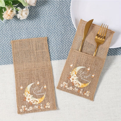 5 Eid Mubarak Burlap Gift Bags with Moon, Lantern & Star Designs for Ramadan Kareem Party Supplies and Islamic Muslim Home Decor. Made of Durable Linen Material with an Elegant Burlap