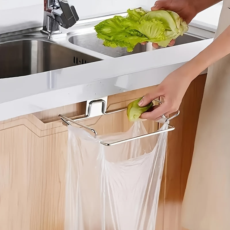 Stainless Steel Bag Holder Organizer for Cabinet Door, Hanging Plastic Bag Storage Rack, Multi-functional No-Drill Shelf for Kitchen