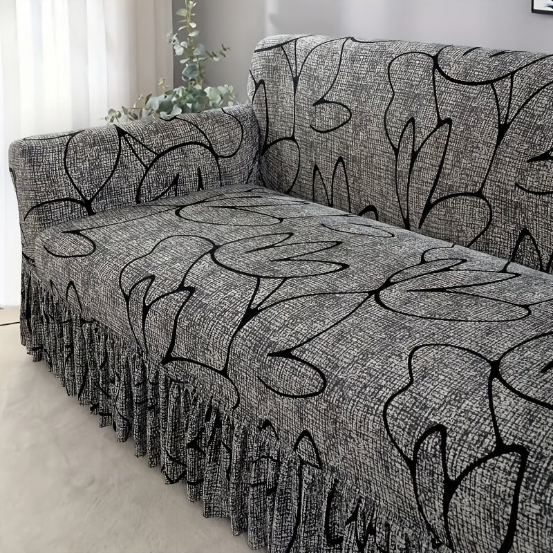 Grey Bohemian style sofa cover with skirt, machine washable, suitable for all-season use. Made of polyester spandex fabric, ideal for living room, bedroom, or office decor.