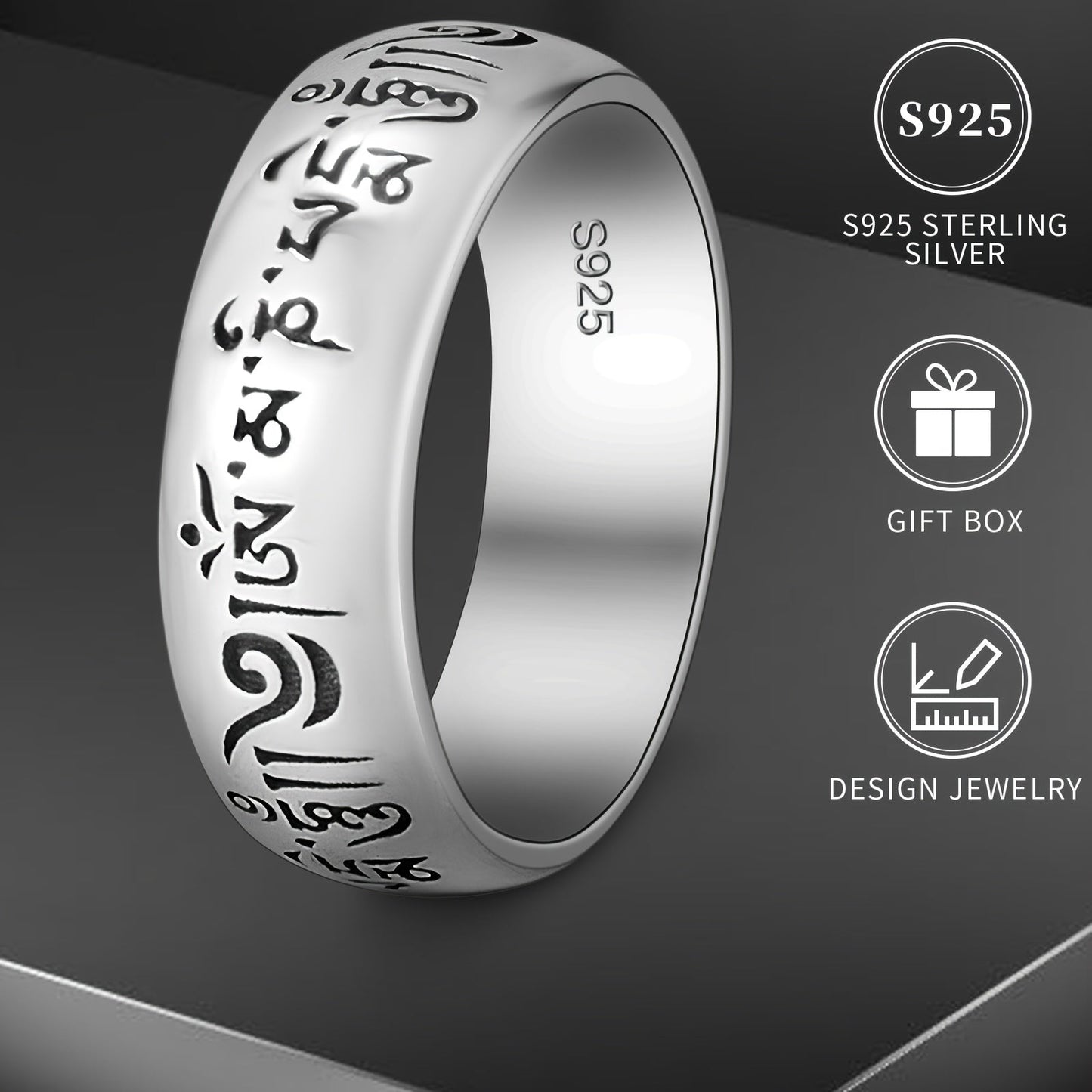 Vintage Ethnic Style 925 Sterling Silver Ring, 5g, Unisex, Hypoallergenic, Nickel-Free, Engraved with Mantra, Celestial Symbol and Solid Silver Plating. Ideal for Everyday Wear and Gifting, Comes in a Gift Box for presentation.