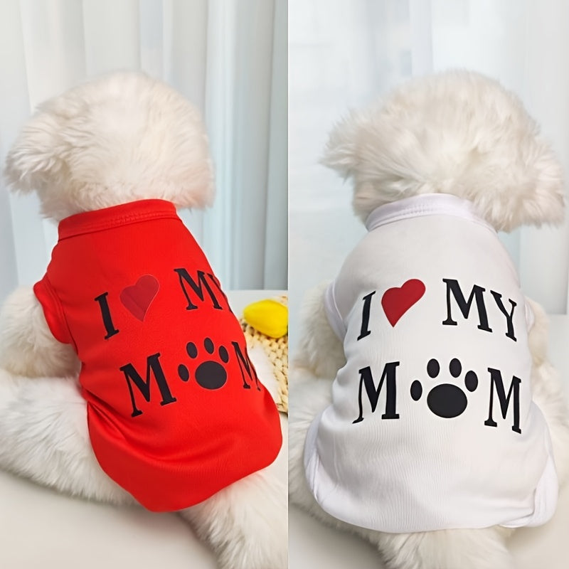 Pet T-Shirt Vest for Dogs and Cats with "I Love My Mom" Print, Made of Breathable Knitted Polyester for all Seasons, Available in Small to Large Sizes.