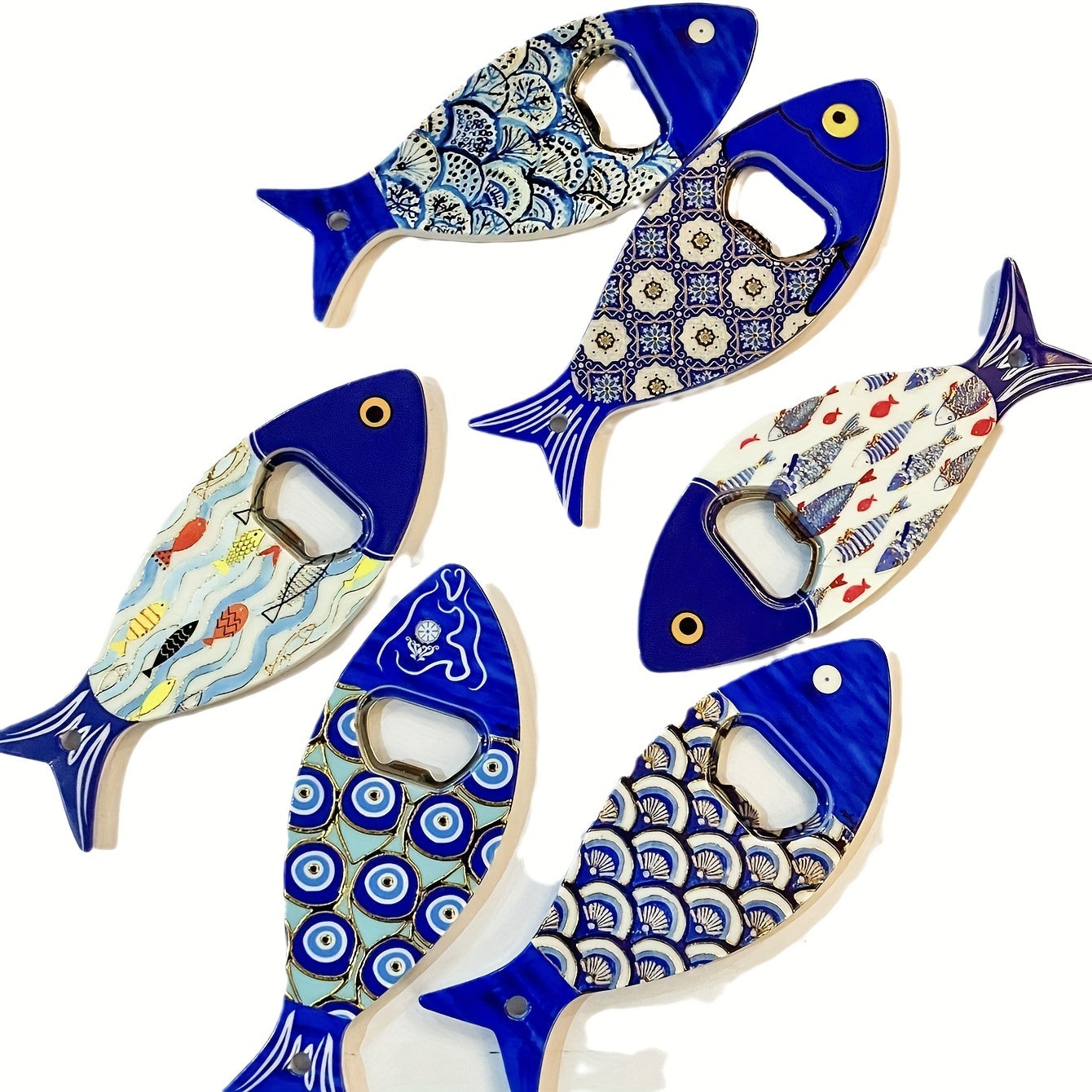 Fish-shaped cap opener with magnet for refrigerator decoration, no power required.