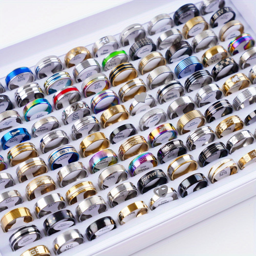 A lot of 100 Classic Simple Stainless Steel Rings for Women in Assorted Styles, Perfect for Jewelry Parties and Gifting