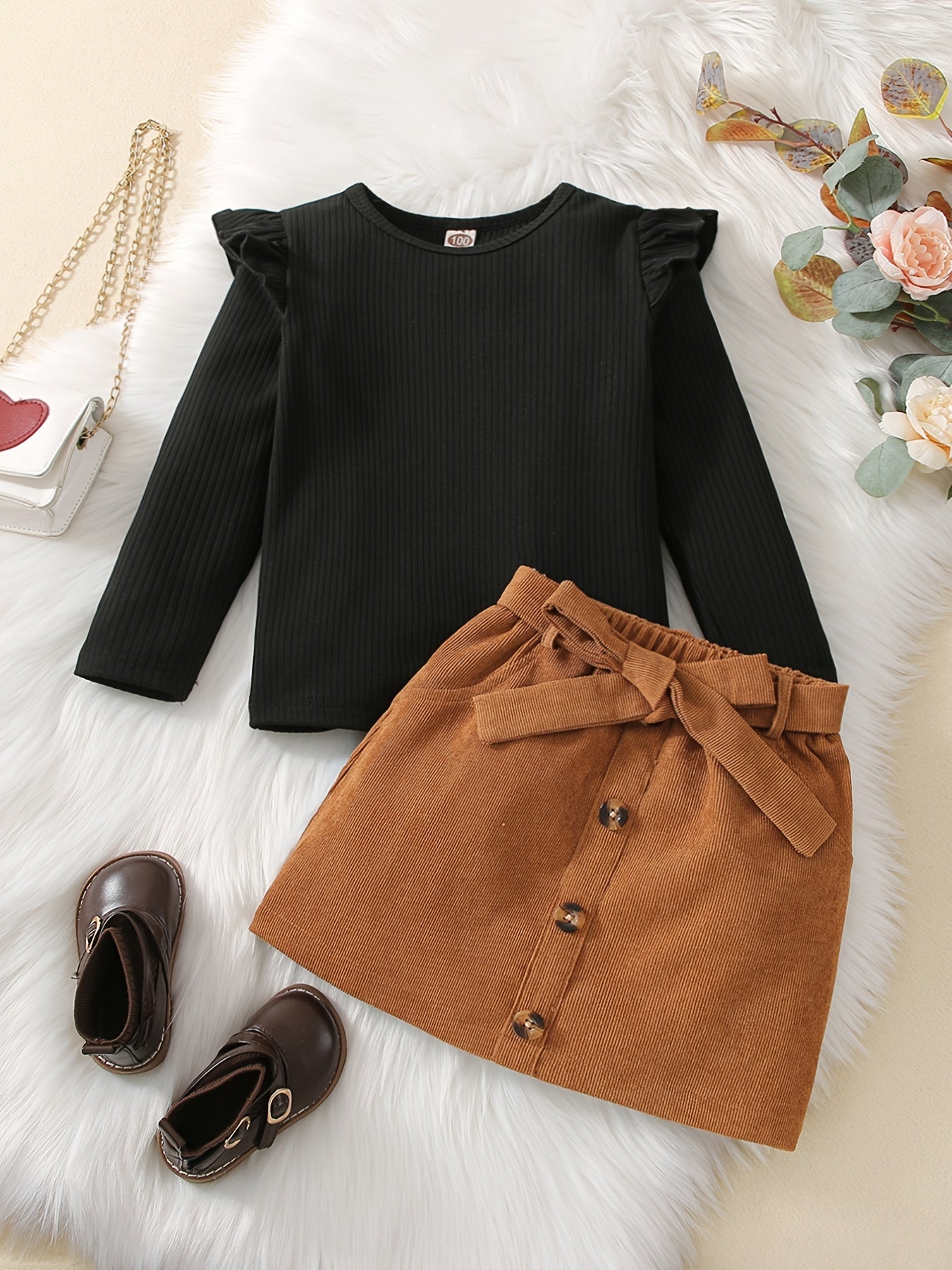 Black ribbed long sleeve top paired with a yellow and brown half skirt set for young girls, by JOPGEEY.