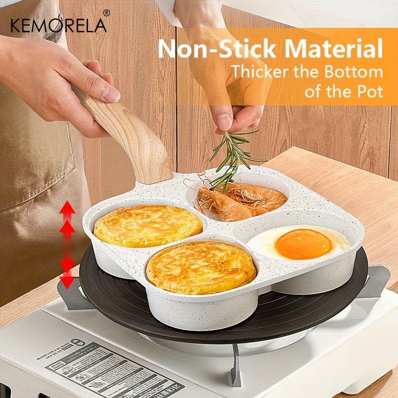 Experience the versatility of the KEMORELA 4-Section Non-Stick Frying Pan, designed for perfectly cooking eggs, burgers, and more. This pan is dishwasher safe and features a wooden handle, making it both convenient and stylish. Suitable for both