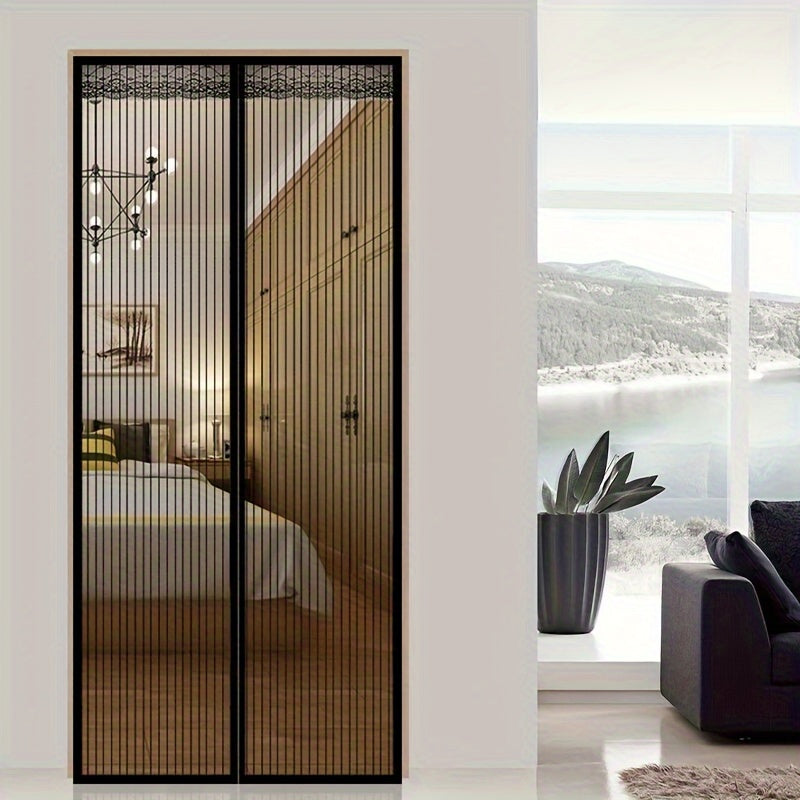 Modern black stripe magnetic screen door with automatic closing mesh for anti-mosquito protection.