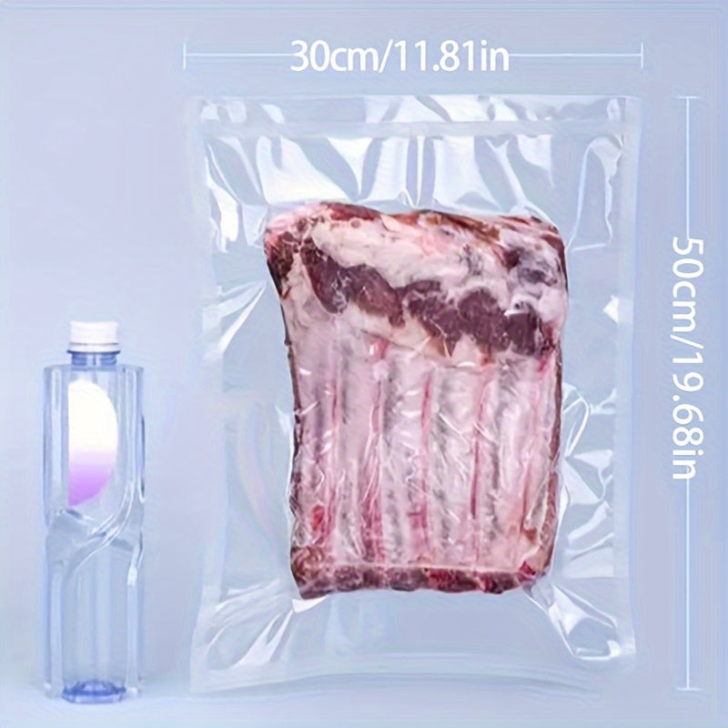 100 vacuum sealed food bags made of silk and transparent polyester nylon material. These bags are designed for vacuum compression and plastic sealing to keep food fresh. They have a glossy commercial finish.