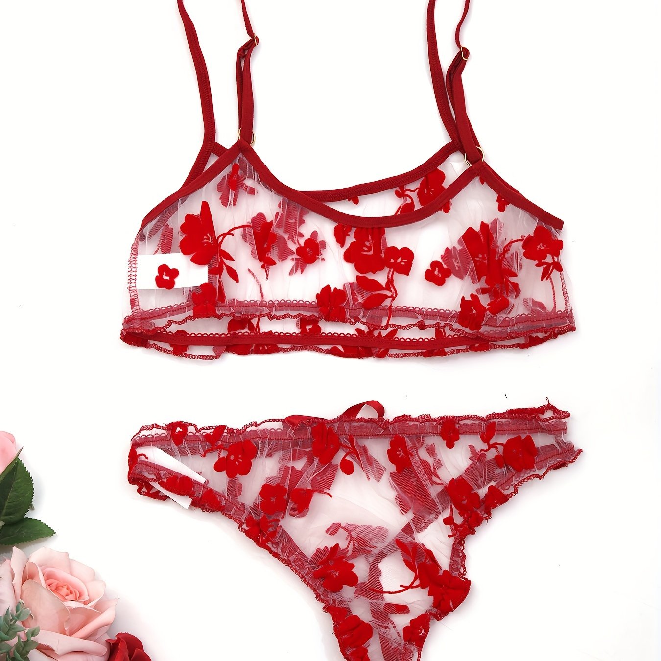 Sexy mesh flower lingerie set with transparent details - adult size, 2 pieces