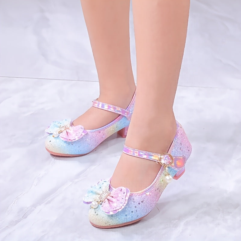 Girls' Sparkly Sequin Princess High Heels with Cute Bowknot Design, Glittery Pastel Colors, Magic Tape Closure, Lightweight Synthetic Upper & Rubber Sole - Ideal for Parties, Performances