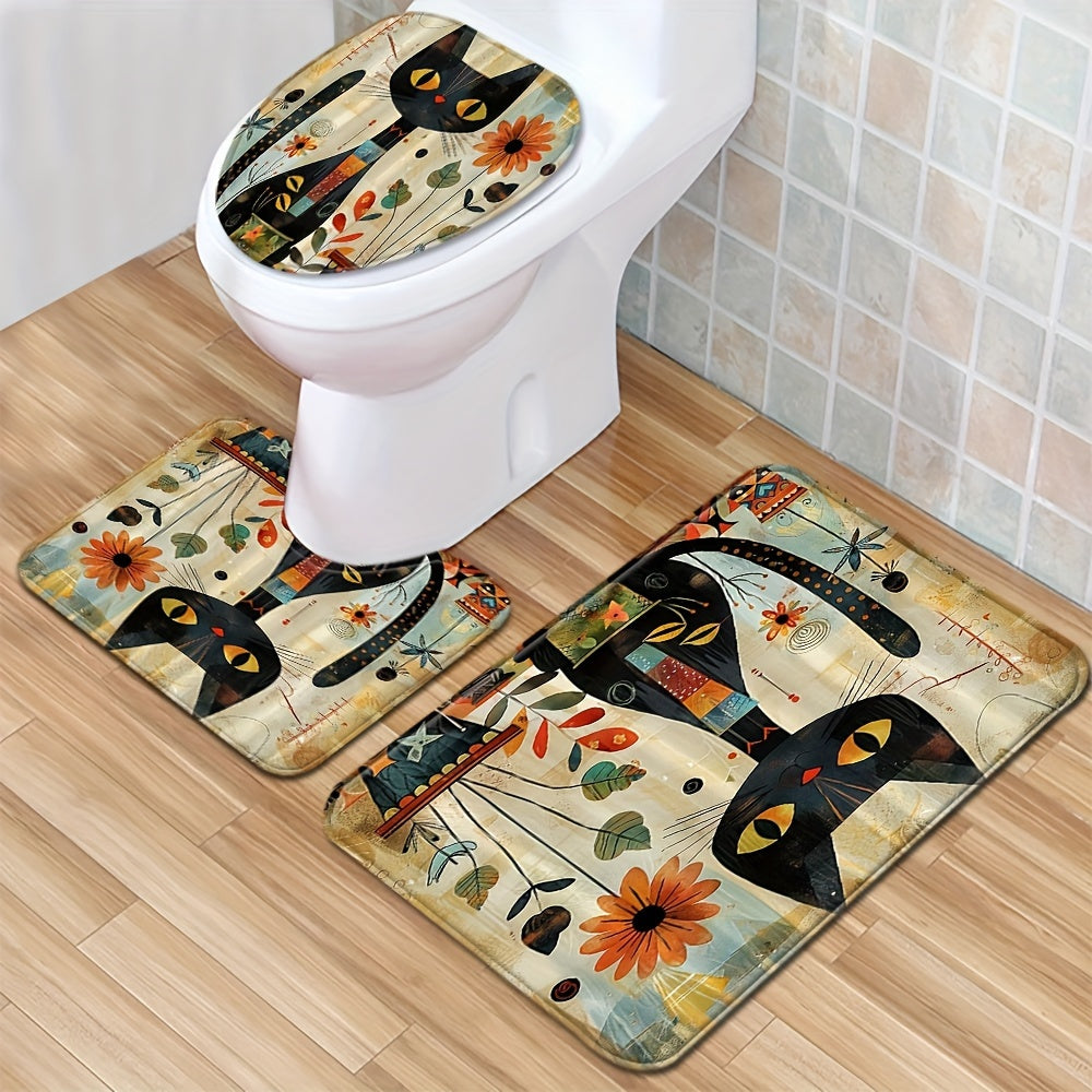 Set of three black cat sunflower floor mats for bathroom, including toilet cover, toilet mat, and absorbent door mat. Features non-slip design for safety and decorative purposes.