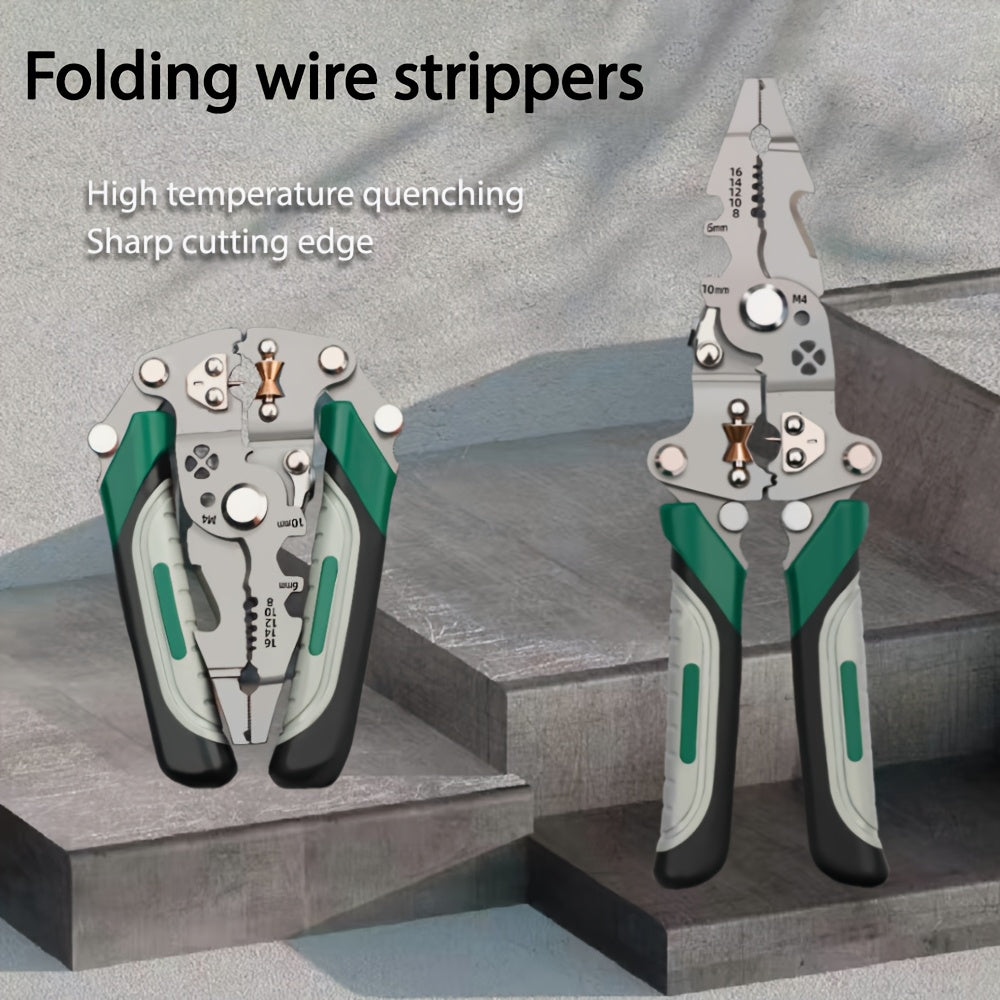 Folding wire strippers with multiple functions for professional electricians, perfect for home improvement projects and electrical repairs.