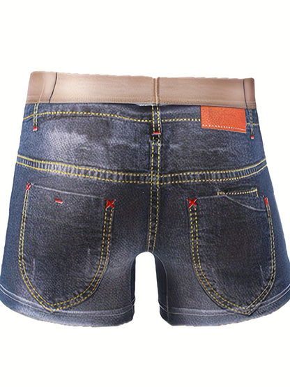 Men's fashion cotton 3D denim boxer briefs with belt print, breathable and stylish underwear.