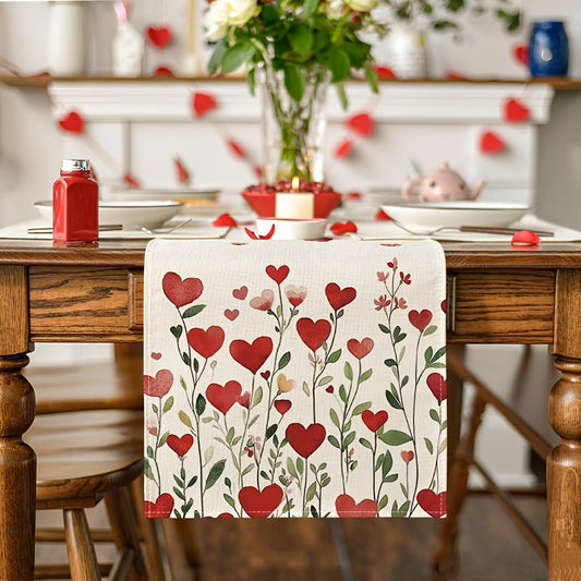 1pc Linen Red Heart Plant Valentine's Day Table Runner for Home Party Decor, available in sizes 13X48/72/108 inches. Perfect for Anniversary, Wedding, or Kitchen Dining Table Decoration.