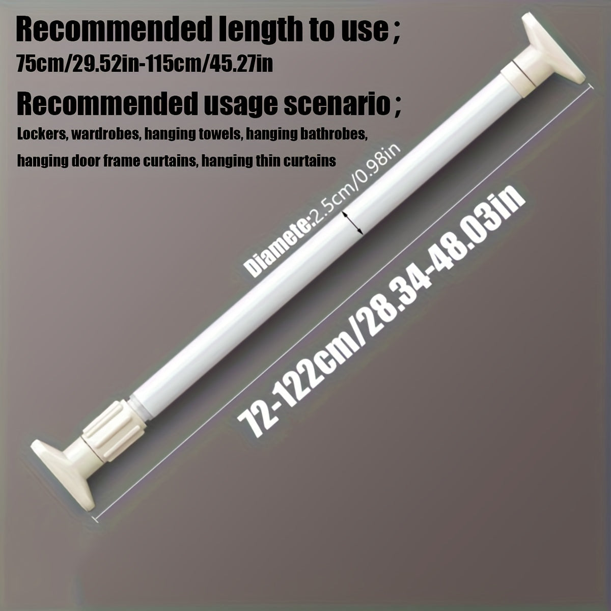 Adjustable tension curtain rod for shower, closet, window, or towel rack. Heavy-duty, no-drill, metal and plastic.