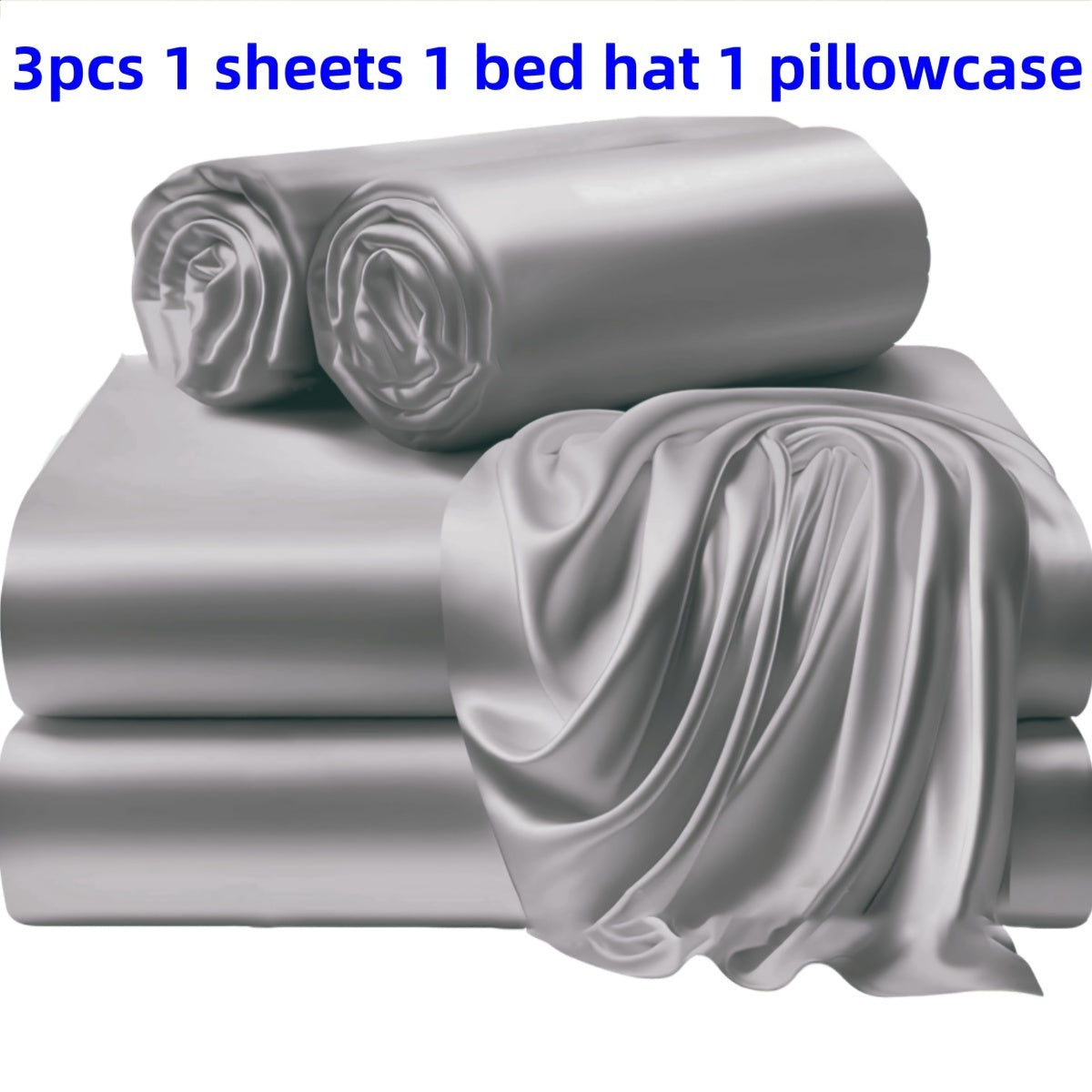 A set of three or four solid color bed sheets and bed skirts, along with half the number of pillowcases, all soft and silky.