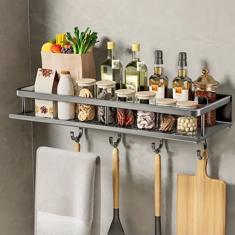 A sleek Aluminum Spice Rack featuring a polished finish, simple wall-mount installation, and versatile design for organizing your kitchen and bathroom essentials. Effortlessly store spices and other cookware with this space-saving, punch-free storage