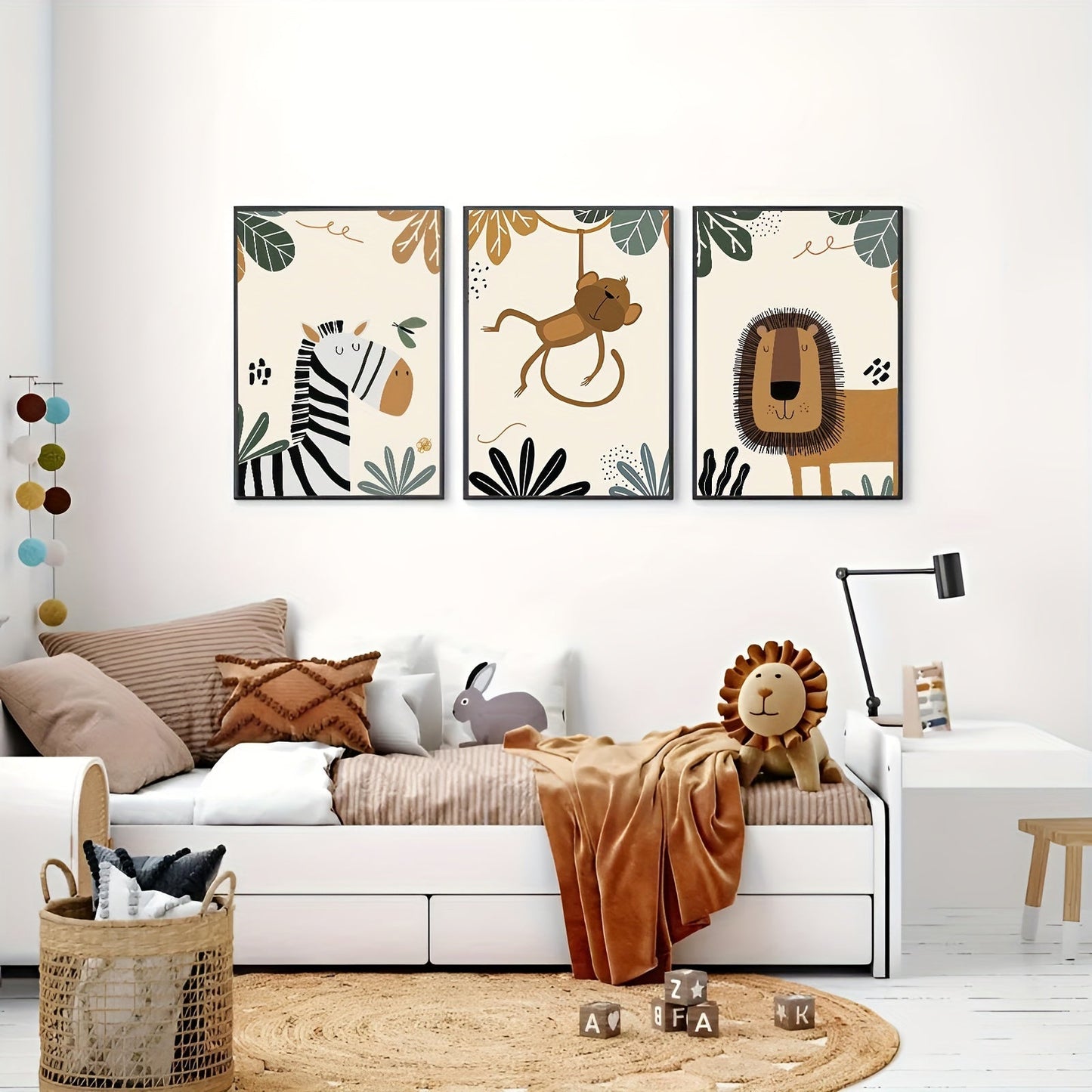 Bohemian Safari Animal Wall Art Prints Set featuring Lion, Monkey, and Zebra - 3 pieces, Frameless, Reusable, Made from Plant Materials, Perfect for Children's Bedroom & Nursery Decor, Canvas Posters for Home Living Space, Suitable for Ages 14 and Up.