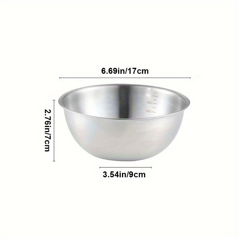 Set of 3 stainless steel mixing bowls with measurement marks, ideal for cooking and baking in kitchens and restaurants.