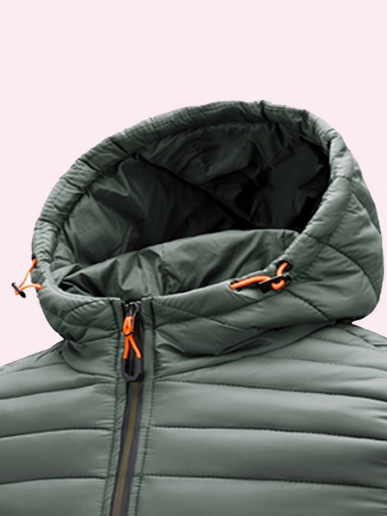 Men's winter hooded jacket with green and orange zipper pockets, made of a warm nylon-polyester blend. Features a full-zip design, ribbed cuff sleeves, and quilted insulation for casual