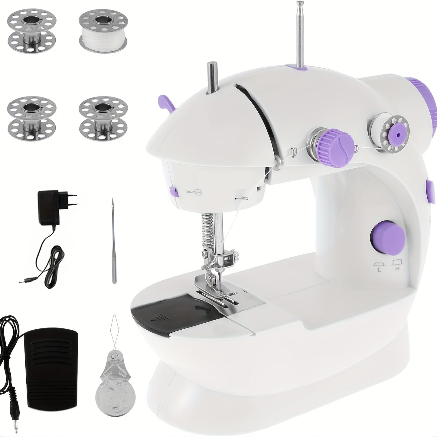 MOOYE Mini Electric Sewing Machine in White with Purple Accents, European Voltage. Includes Accessories and Beginner Crafting Tool. Perfect for Home Use.