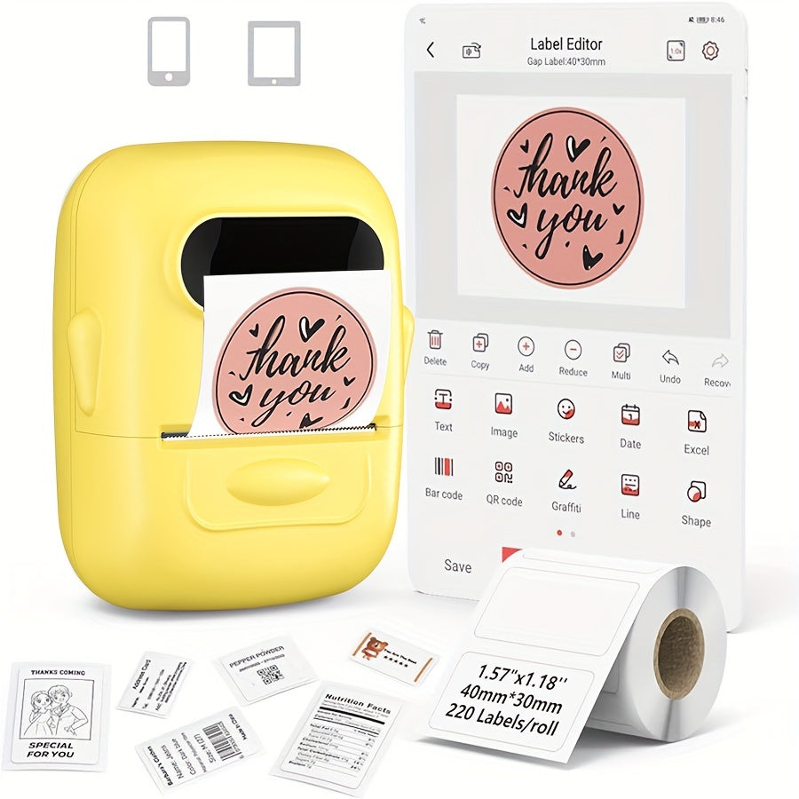 P50 portable thermal label printer compatible with Android+iOS, suitable for home, clothing, supermarkets, jewelry, and food industries. Includes a roll of 40 * 30mm white stickers.