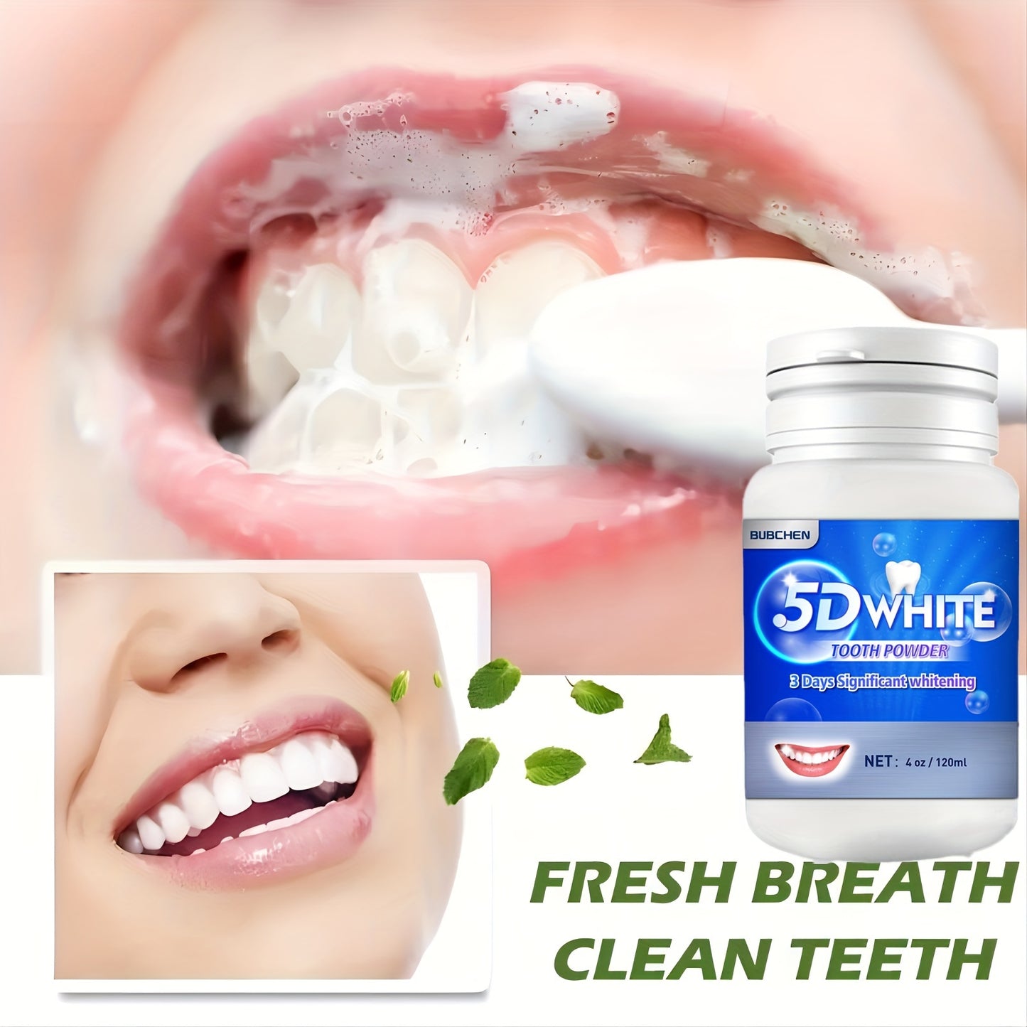 Teeth cleaning powder for daily use, freshens breath and deep cleans teeth.