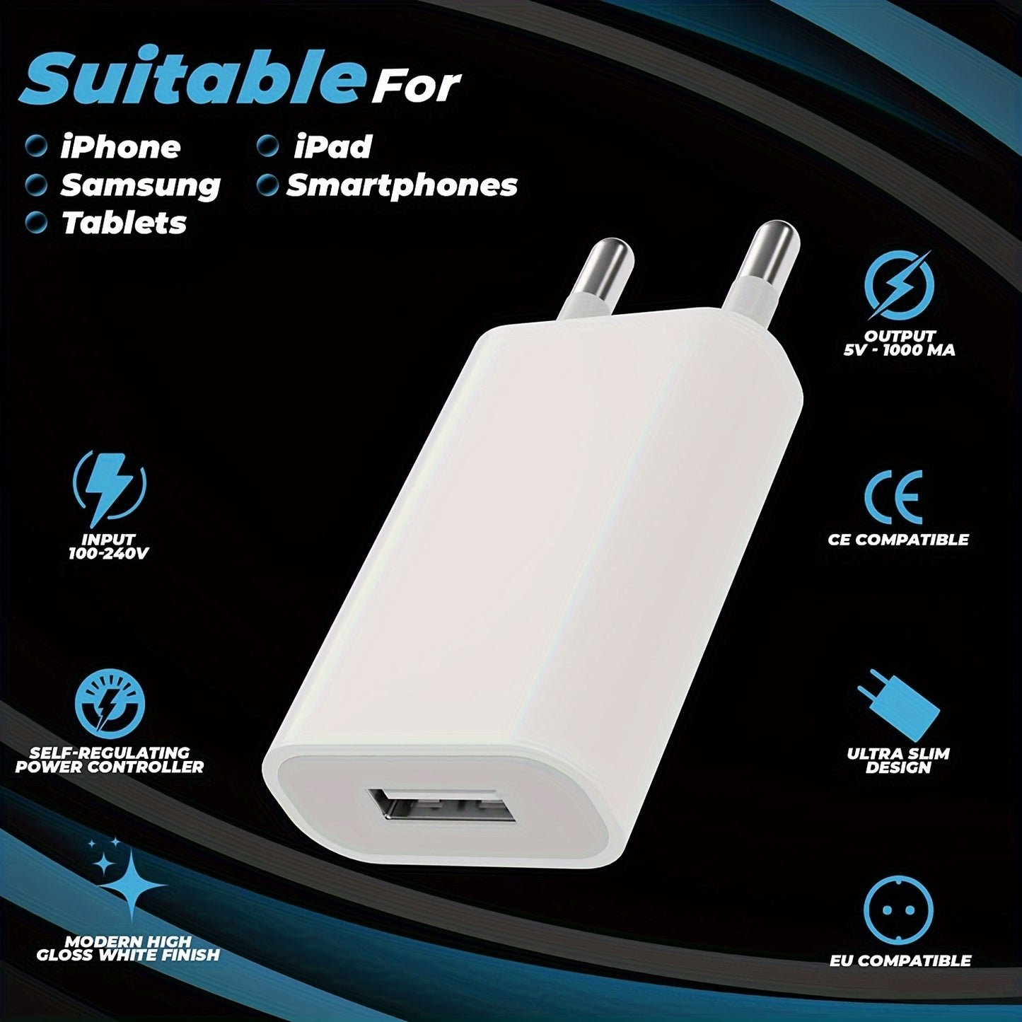 Four 5V 1A USB chargers with universal plug, suitable for mobile phones, MP3 players, e-books, and smartphones. White color.