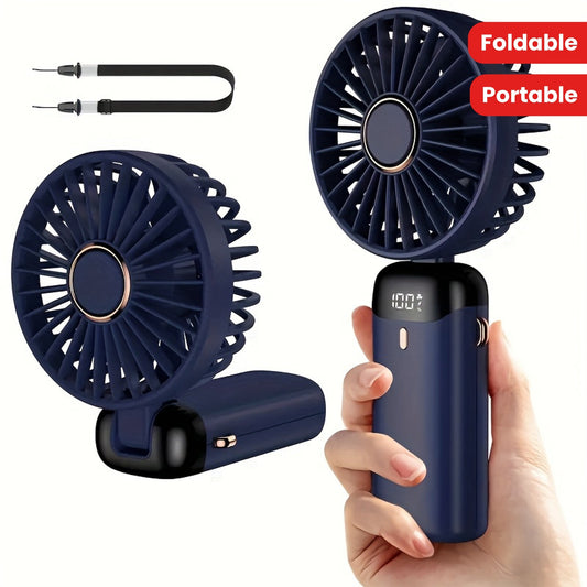 Cop Rose's Portable Mini Fan features 5-Speed Settings and an LED Display. It is USB Rechargeable with Touch Control and a Foldable Design, perfect for both indoor and outdoor use.