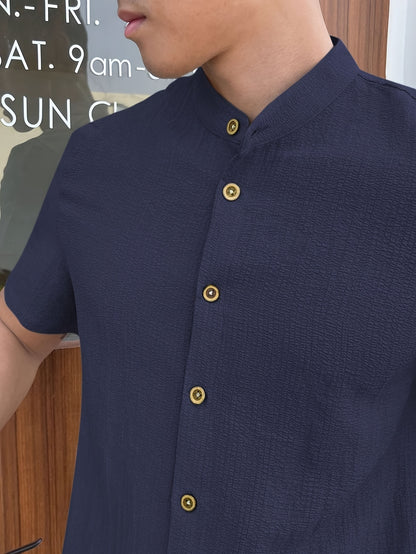 Men's Navy Blue Button-Up Shirt made of lightweight polyester with stand collar. Machine washable, suitable for Spring, Summer & Fall outings. Cute option for short sleeve tops.