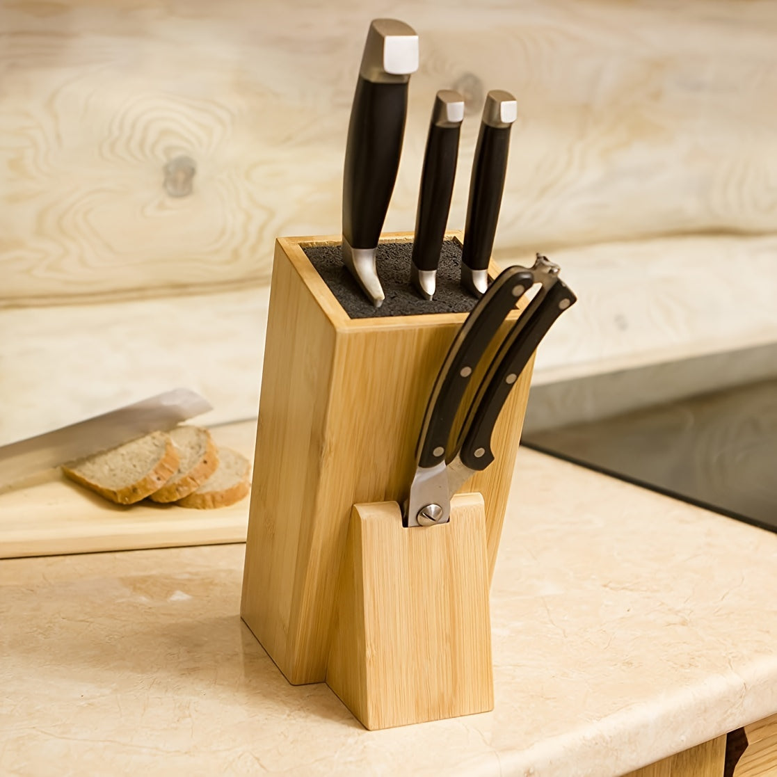 Universal Freedom Insert Bamboo Knife Block - Featuring a Removable & Washable Polypropylene Lining for Easy Care and Versatile Storage of Various Knife Sizes in the Kitchen.