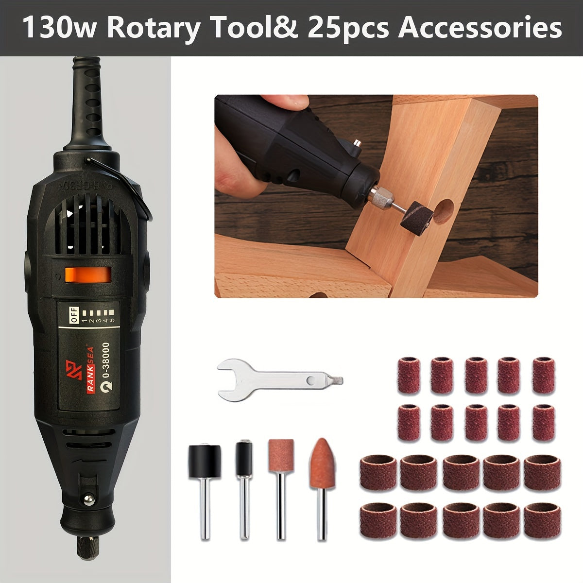 Rotary tool kit with 5 speed adjustments and 218 accessories for various projects.