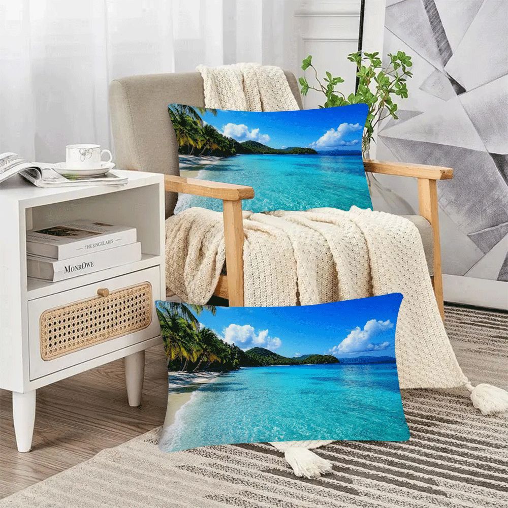 Set of 2 Ocean Beach & Coconut Tree Print Pillow Covers - 50.8x30.48cm - Soft, Stylish Square Cushion Cases for Living Room, Bedroom, and Outdoor Camping - Zip Closure, Easy to Clean Machine Washable