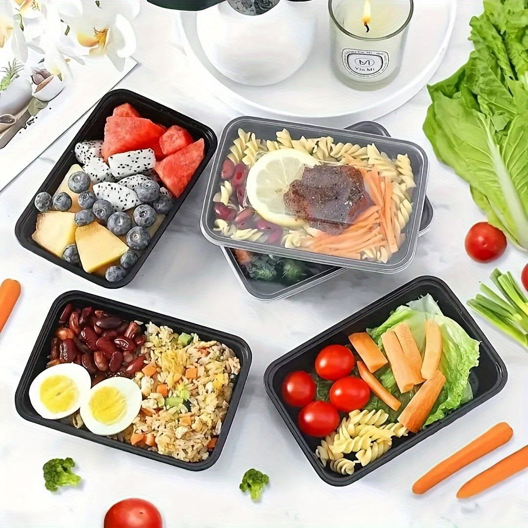 Set of 10/30 meal prep containers that are microwave-safe and perfect for storing takeout food. These leak-resistant containers can be stacked for easy storage and are safe to use in the dishwasher and freezer. They are portable bento boxes that are