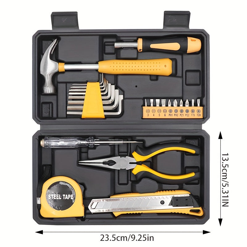 25/26 piece General Household Hand Tool Kit Set for DIY projects and home repairs. Includes plastic toolbox storage case in yellow color.