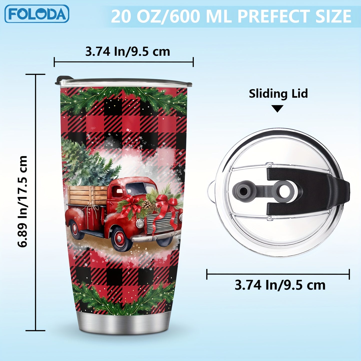 FOLODA 20oz insulated stainless steel tumbler with lid is ideal for running and sports. Features a Christmas Red Truck design, perfect for holiday gifts.