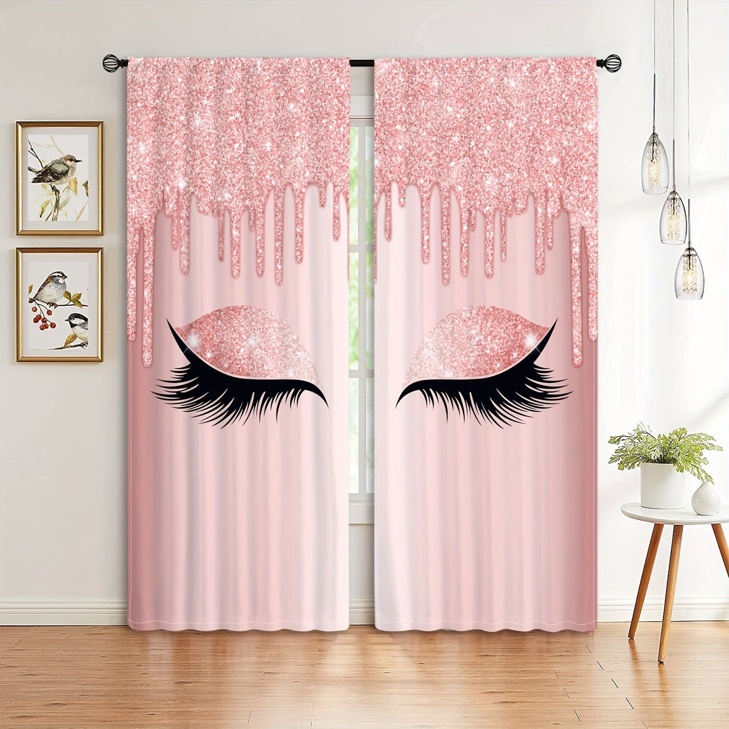 Set of two Eyelash Printed Curtains, Rod Pocket Window Treatments ideal for Bedroom, Office, Kitchen, Living Room, Study, and Home Decor. Enhance your room with stylish and aesthetic decorative curtains.