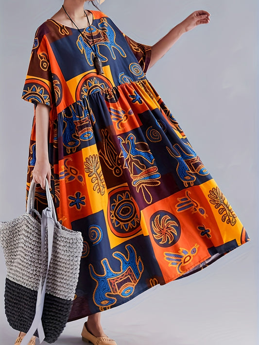 Colorful pop art print maxi dress for women with short sleeves, round neck, pockets, loose fit, made of woven polyester blend. Features bold geometric and floral design in multiple colors.