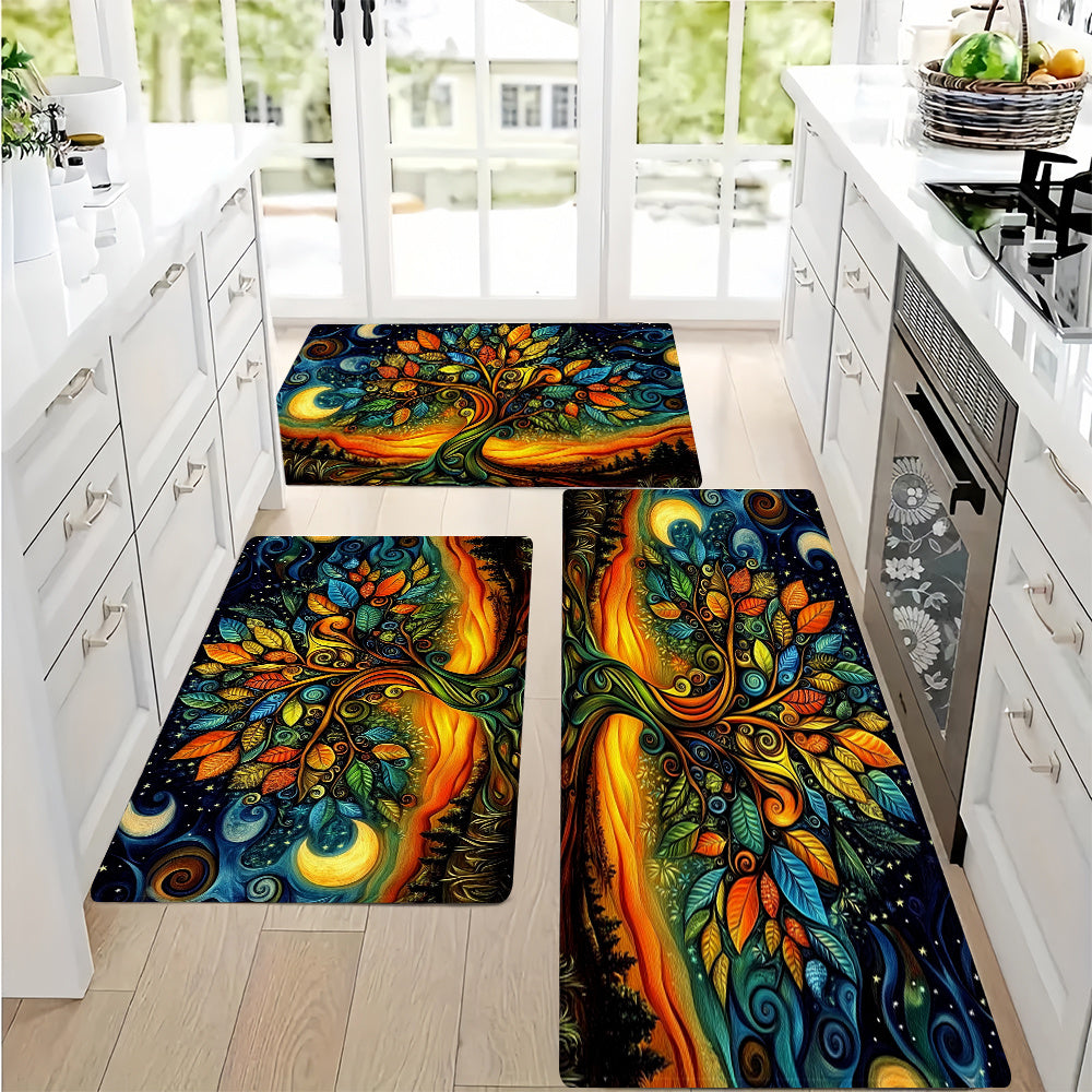 Kitchen Mat with Vibrant Abstract Tree Design - This 1pc mat is waterproof, anti-slip, and super absorbent, made of polyester that is machine washable. Perfect for use in kitchens, corridors, home offices, sinks, laundry rooms, and on kitchen floors.