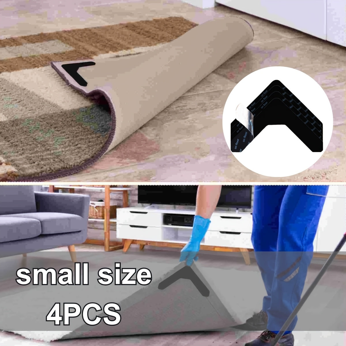 Pack of 4/8 PET carpet corner stickers, with non-slip reusable double-sided tape for washable anti-rolled edges. Perfect for indoor, office, and auto use. Can be cut to fit and used as floor mat fixing clips.