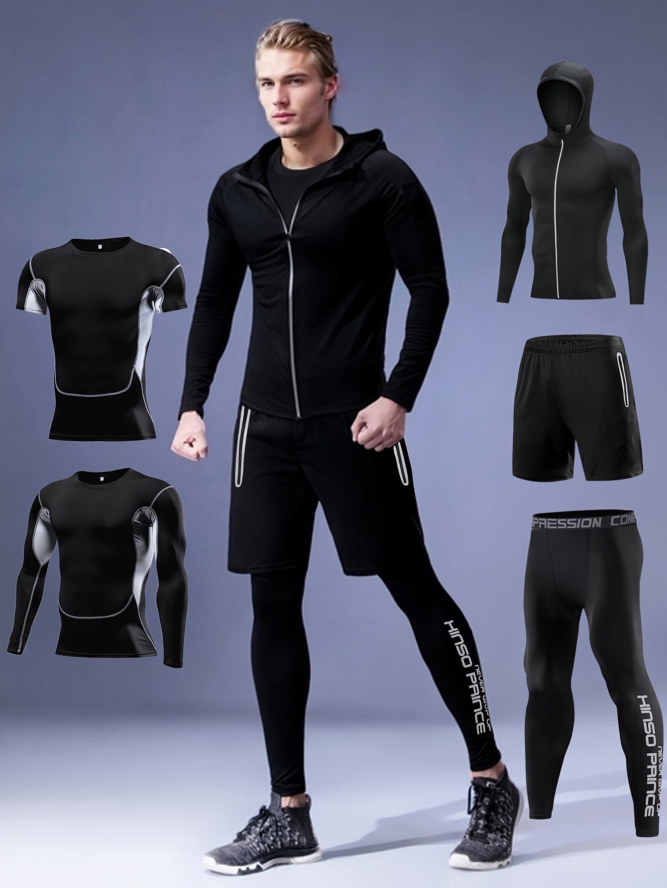 5-piece set for outdoor activities: Color block compression shirts, hooded jacket, leggings, and shorts.