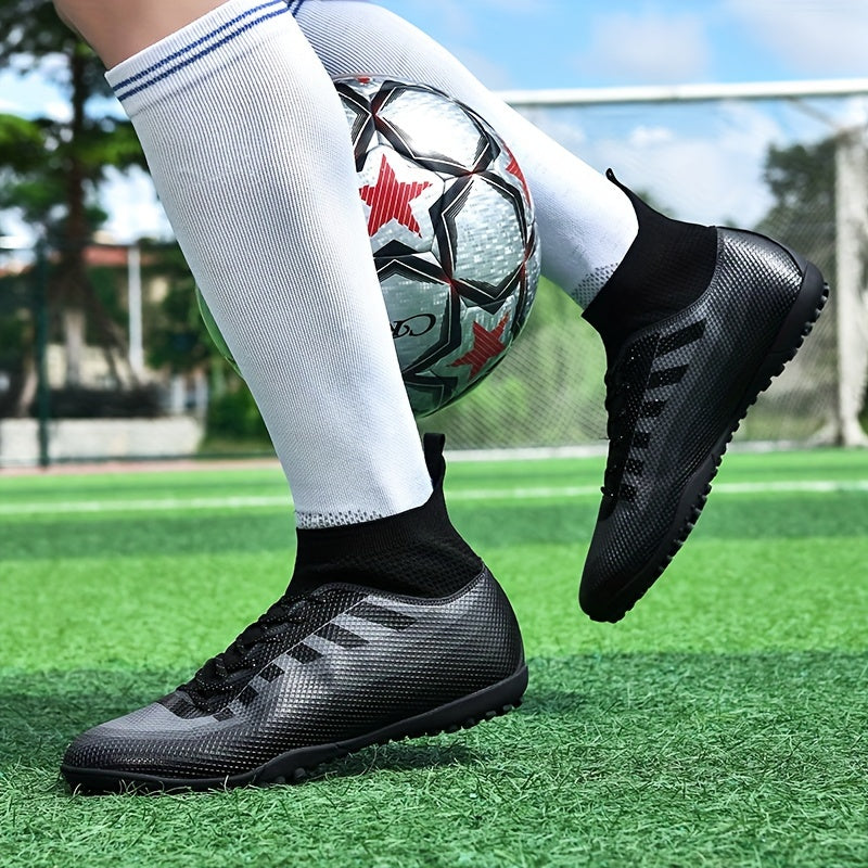 Men's trendy high top TF soccer shoes, durable and breathable for outdoor training and competition.