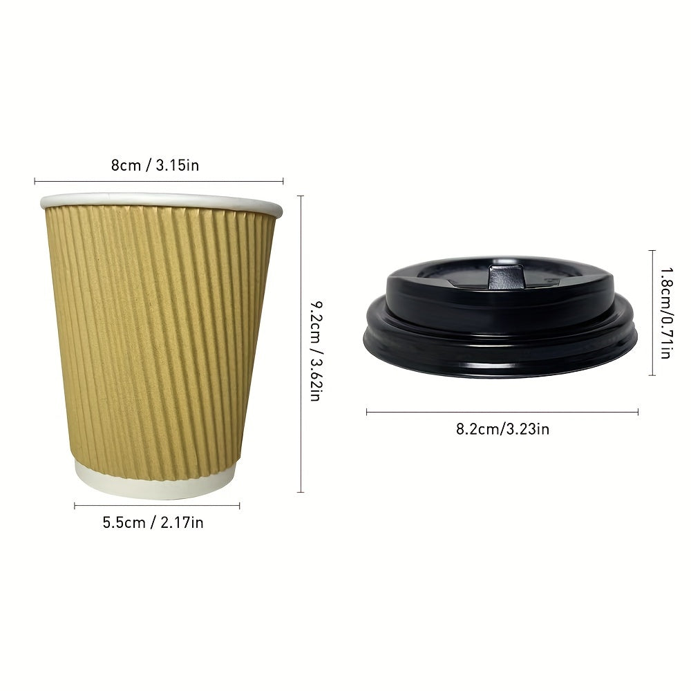 Disposable double-layer corrugated paper coffee cup with lid, 12 oz capacity and suitable for lattes, milk tea, and other hot beverages.