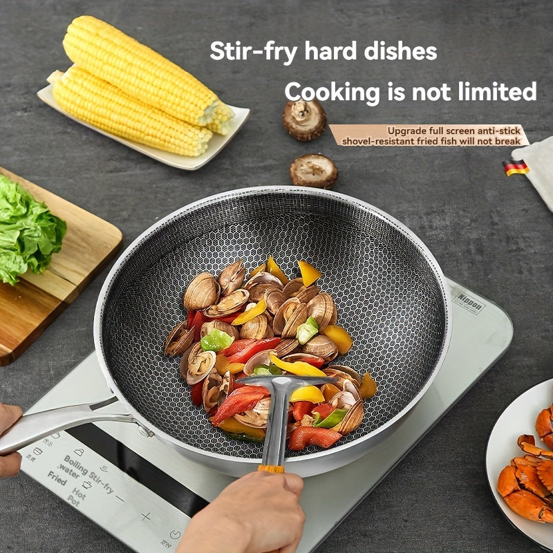 Lightweight Stainless Steel Wok featuring Non-Stick Honeycomb Design - Durable Scratch & Heat Resistance, Convenient One-Handed Lift for Cooking at Home or Outdoors