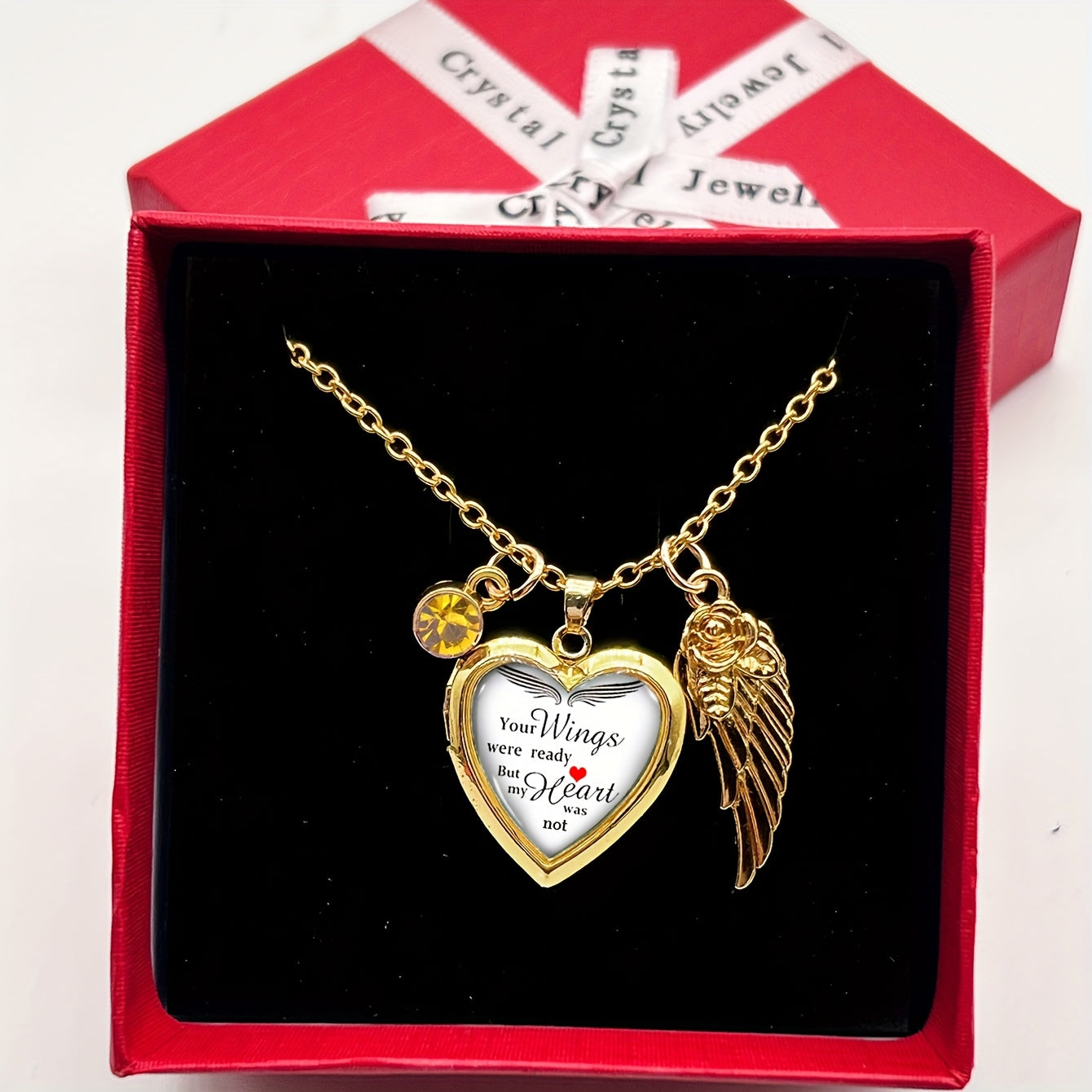 Elegant French-Style Copper Heart & Wing Pendant Necklace with Rhinestone Accents - Perfect for Daily Wear or as an Anniversary Gift. Great for Valentine's Day Surprise. Includes Red Gift Box and Golden Photo Frame.