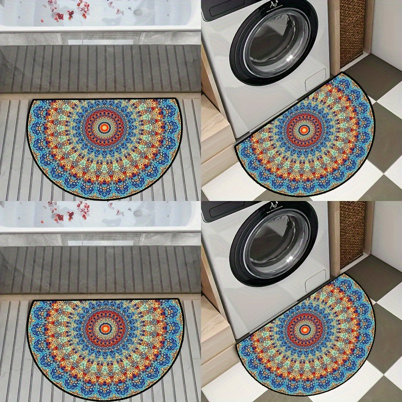 Mandala Flower Half Round Doormat - Non-slip, Machine Washable Polyester - Indoor/Outdoor Bedroom Hallway Patio Entryway Carpet - Photo Prop Gift Available in Various Sizes: 15x23, 19x31, 23x35, 31x47 inches.