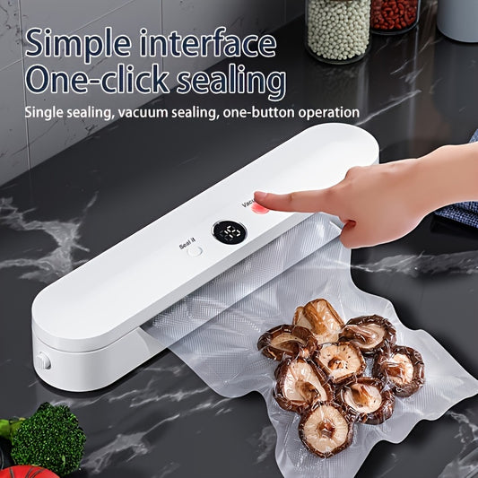 European vacuum sealer machine with digital display, suitable for wet and dry foods. Compact design, includes 10 bags. No batteries needed.