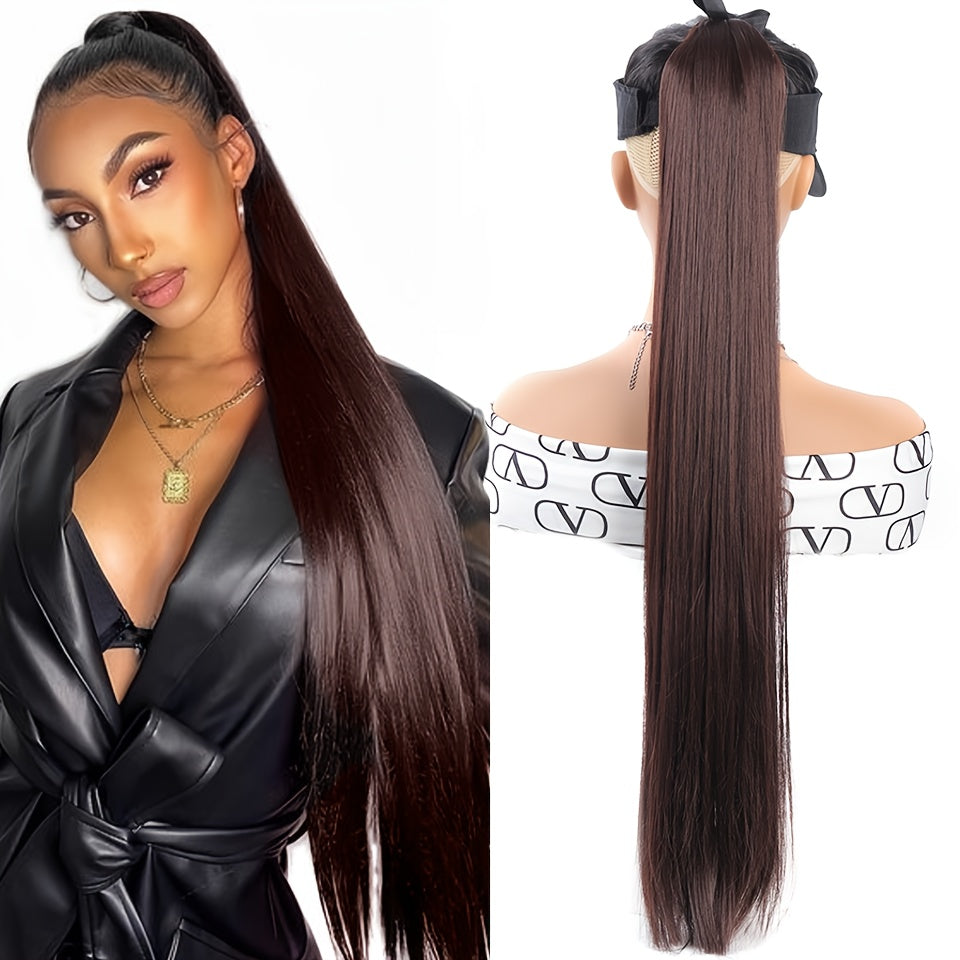 81.28 cm Black Synthetic Straight Ponytail Hair Extension, Drawstring Style for Women